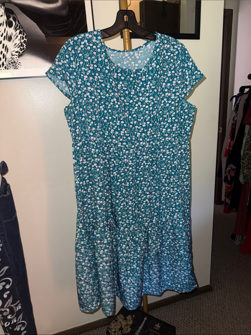 Teal Floral Short Sleeve Midi Dress